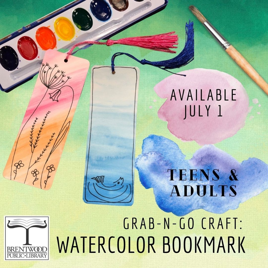 Beginning tomorrow, July 1st, teens and adults are welcome to stop by the library to grab the newest craft kit! It contains all you need to make your own watercolor and ink bookmarks. Crafts are limited and kits are given out first come, first served. #bplmo #brentwoodlibrarymo #librarycrafts #watercolorandink #watercolorbookmarks #summerreadingcrafts #grabngocraftkits