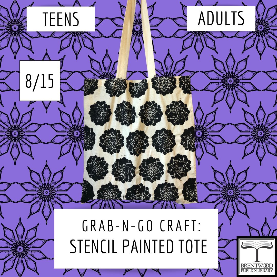 Teens and Adults! Stop by the library beginning on August 15 to grab a kit to create your own stenciled tote bag!

Supplies are limited and craft kits are given out first come, first served.

#bplmo #brentwoodlibrarymo #librarycraft #paintedtotebag #create #lastcraftkitofsummer #thenitwillbefallandtherewillbefallcraftkits