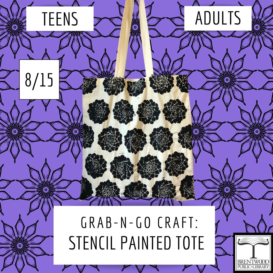 Teens and Adults! Stop by the library beginning on August 15 to grab a kit to create your own stenciled tote bag!
Supplies are limited and craft kits are given out first come, first served.
#bplmo #brentwoodlibrarymo #librarycraft #paintedtotebag #create #lastcraftkitofsummer #thenitwillbefallandtherewillbefallcraftkits