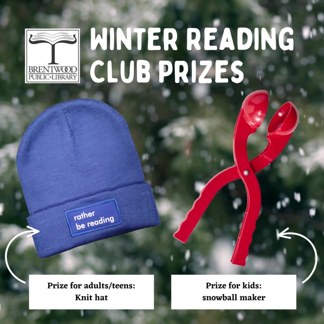 Check out the prizes we're giving away for Winter Reading Club! Don't worry - there's still plenty of time to participate. Visit our website at https://www.brentwoodlibrarymo.org/winter-reading-club/ for more details.
