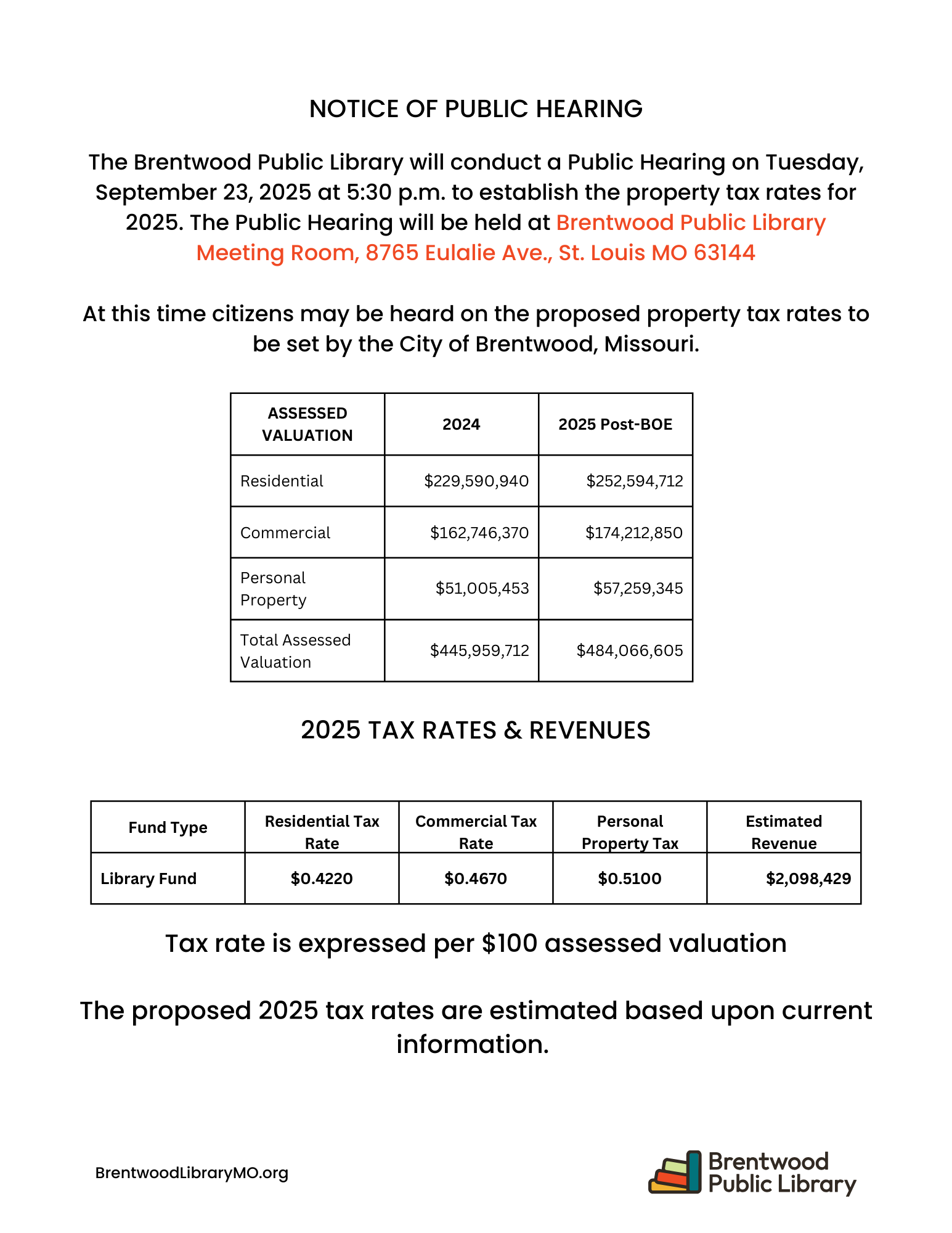 Public Hearing- 2025 Property Tax Rates @ Brentwood Public Library