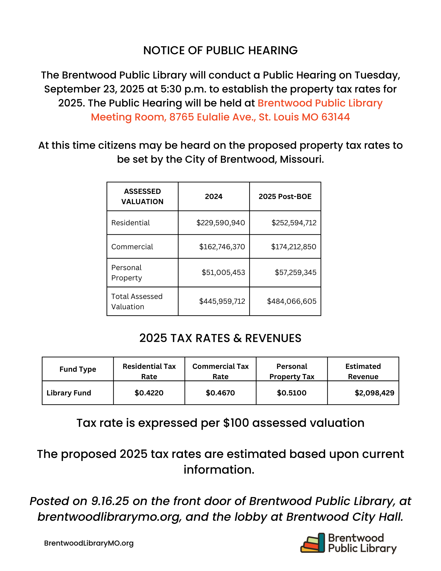 Public Hearing- 2025 Property Tax Rates @ Brentwood Public Library